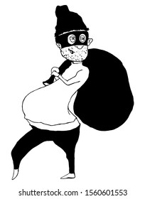 Thief in mask and hat stealing big bag. Funny cartoon character. Vector illustration