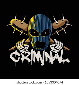 Thief mask holding baseball bat with nails. Crime mask illustration. Criminal themed for poster, stickers, and t-shirt design