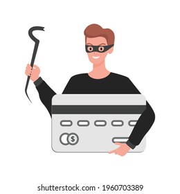 Thief in mask holding credit card in hand vector flat illustration isolated on white background. Stealing personal data, robber, or burglar sneaking money. Financial crime, robbery concept.