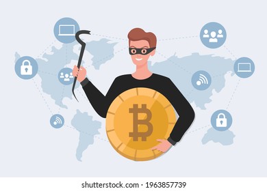 Thief in mask holding stolen bitcoin vector flat illustration on background of world map. Cyber crime, financial robbery, hacker attack concept. Robber steal personal data, login, and password.