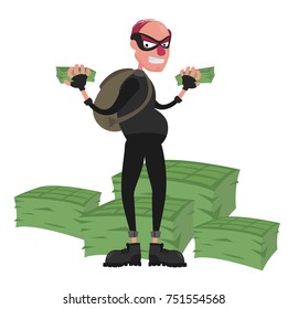 Thief in a mask on the background of a pile of money