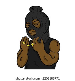 thief with mask praying for forgiveness cartoon character illustration