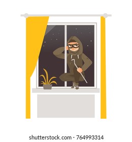 Thief in mask, robber breaking into house through window, flat comic vector illustration isolated on white background. Thief, burglar in mask and black suit breaks window open to rob house, apartment