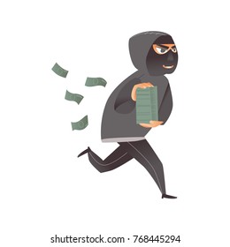 Thief in mask, robber, burglar running away with money, a pile of dollars, flat comic vector illustration isolated on white background. Thief, burglar in mask and black suit runs away with money