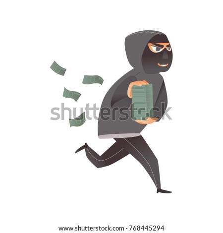Thief in mask, robber, burglar running away with money, a pile of dollars, flat comic vector illustration isolated on white background. Thief, burglar in mask and black suit runs away with money