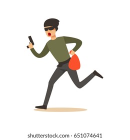 Thief in a mask running with a gun and a sack, robbery colorful character vector Illustration