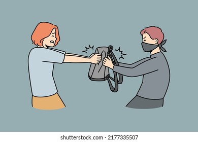 Ladrón con máscara robando la bolsa de una mujer en la calle. Hombre criminal robando a una mujer afuera. Concepto de crimen y robo. Ilustración vectorial. 