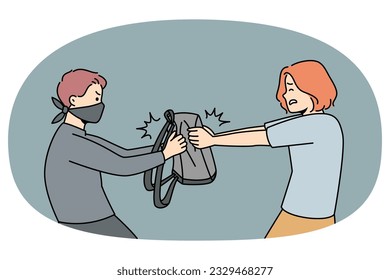 Thief in mask stealing bag from woman on street. Man criminal robbing female outside. Crime and robbery concept. Vector illustration.