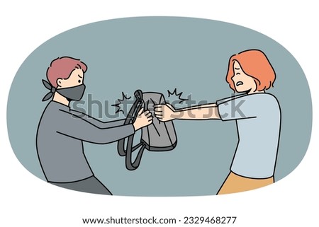 Thief in mask stealing bag from woman on street. Man criminal robbing female outside. Crime and robbery concept. Vector illustration. Foto stock © 