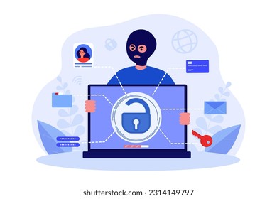 Thief in mask stealing computer vector illustration. Laptop with lock on screen, hacker getting access to messages, profiles, credit card, personal data. Cyber attack, cybersecurity concept