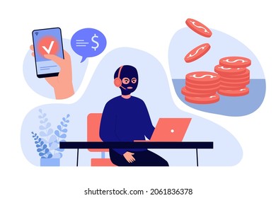 Thief In Mask Stealing Money Online. Hand With Mobile Phone Making Payment To Robber Flat Vector Illustration. Phishing, Online Fraud, Ransomware Concept For Banner, Website Design Or Landing Web Page