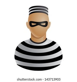 Thief in mask and striped clothes avatar or icon isolated on white background. Vector