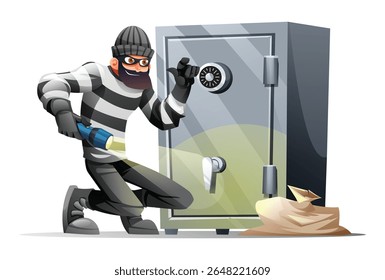 Ladrão em máscara e roupas listradas tentando abrir um cofre com uma lanterna. Ilustração de desenho animado vetorial