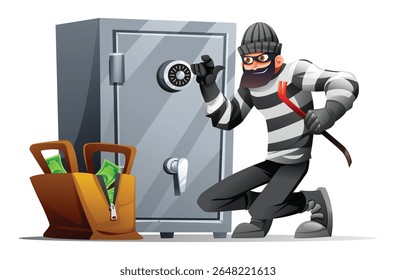 Ladrão com máscara e roupas listradas tentando abrir um cofre com um pé de cabra. Ilustração de desenho animado vetorial