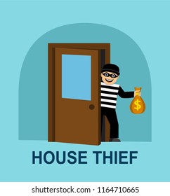 a thief in max and striped clothes peeks out from behind the front door and holds a bag of money in his hand