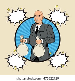 Thief money bag man bubble pop art comic cartoon icon. Colorful design. Vector illustration