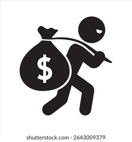 Ladrão com ícone de silhueta de saco de dinheiro. Ladrão carregando um saco com um símbolo de dólar, um simples pictograma de vetor preto para temas de crime e finanças