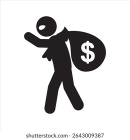 Thief with money bag silhouette icon. Robber carrying a sack with a dollar sign, a simple black vector pictogram for crime and finance themes