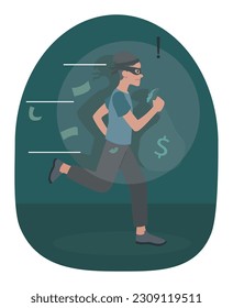 Thief with money. Man in masked runs with banknotes in his hands. Criminal boy with bag of cash. Robber or burglar with prey. Violince and stealing. Cartoon flat vector illustration