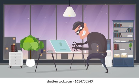 Thief in the office. A robber steals data from a laptop. Safety concept. Thief man stealing an apartment. A robber robbed a house. Flat style. Vector illustration.