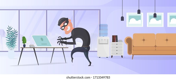 Thief in the office. A robber steals data from a laptop. Security concept. Thief man robbing an office. Robbery at home. Flat style vector illustration.