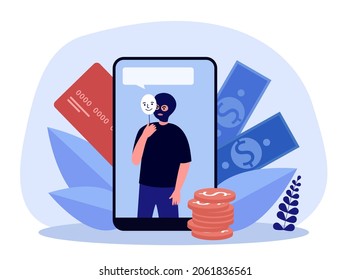 Thief On Mobile Phone Screen Stealing Money. Criminal Hacker Holding Friends Mask For Hacking Flat Vector Illustration. Online Crime, Cyber Fraud Concept For Banner, Website Design Or Landing Web Page