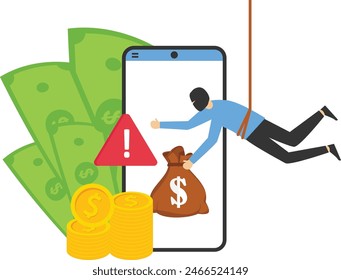 Ladrón en la pantalla del teléfono móvil robando dinero. Pirata informático hackeando la Ilustración vectorial plana. Crimen en línea, concepto de fraude cibernético para Anuncio, diseño de Sitio web o página de Web de aterrizaje.

