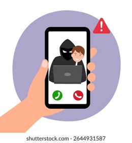 Ladrão na tela do celular roubando dinheiro. Hacker criminoso segurando máscara de amigos para hackear ilustração de vetor plana. Crime on-line, conceito de fraude cibernética.