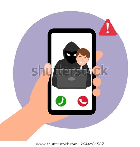 Thief on mobile phone screen stealing money. Criminal hacker holding friends mask for hacking flat vector illustration. Online crime, cyber fraud concept.