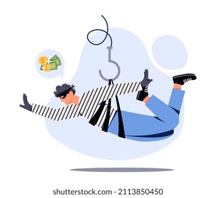 Thief On Rope. Man Wants To Steal Money, Hackers Metaphor. Criminal Robs Bank In Mask. Special Operation. Crime And Illegal Acts. Security And Safety Danger Concept. Cartoon Flat Vector Illustration