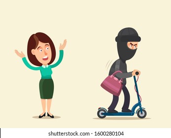 Thief on scooter stole bag with valuable wallet from woman. Woman screams and calls for help. Crime in city, on street. City thief, pickpocket. Vector illustration, flat cartoon style, isolated.