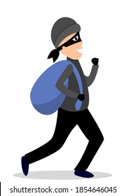 Thief on a white background. The thief runs away with a bag of money, stolen things. Angry man with a bag. Vector illustration