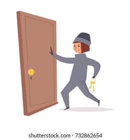 Thief opens the door. Robber. Vector. Cartoon. Isolated art on white background. Flat