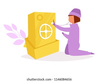 Thief opens the safe. Robber. Vector. Cartoon. Isolated art on white background. Flat