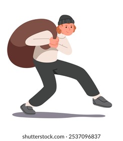 Thief person carrying bag as robbery concept. Burglar or robber criminal man cartoon character sneaking escaping after committing crime. Stealing danger, security flat vector illustration