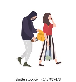 Thief, pickpocket or rubber dressed in hoodie stealing wallet or purse from woman's bag. Criminal committing crime and victim. Robbery or theft scene. Flat cartoon colorful vector illustration.