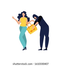 Thief, pickpocket or rubber dressed in hoodie stealing woman's bag. Bad guy. Criminal committing crime and victim. Robbery or theft scene. Vector illustration in a Flat cartoon style.