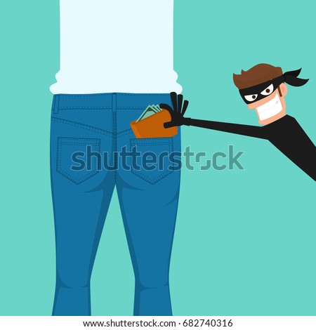 Thief pickpocket stealing a wallet from back jeans pocket. Cartoon Vector Illustration.
