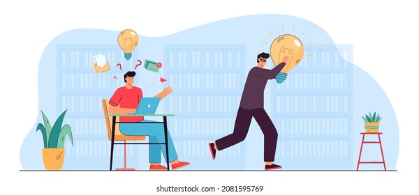 Thief or pirate stealing creative idea from man in library. Infringement of copyright, content theft flat vector illustration. Copyright, content piracy, plagiarism concept for banner, website design