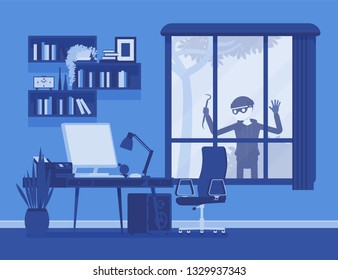 Thief planning the house robbery. Male masked criminal looks trough big window to steal property, burglar watching before break in an unprotected apartment. Vector illustration, faceless characters