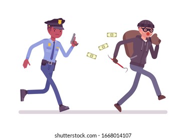 Thief and a policeman chase. Police officer pursuing to capture masked burglar committing robbery, bandit with a stolen money sack, cop chasing running criminal. Vector flat style cartoon illustration