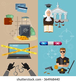 Thief and policeman data protection crime and punishment vector banners 