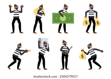 thief poses flat style illustration vector design set bundle