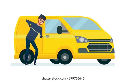 Thief produces hacking, theft car with the help of improvised means. Violate the law. Vector illustration isolated in cartoon style.