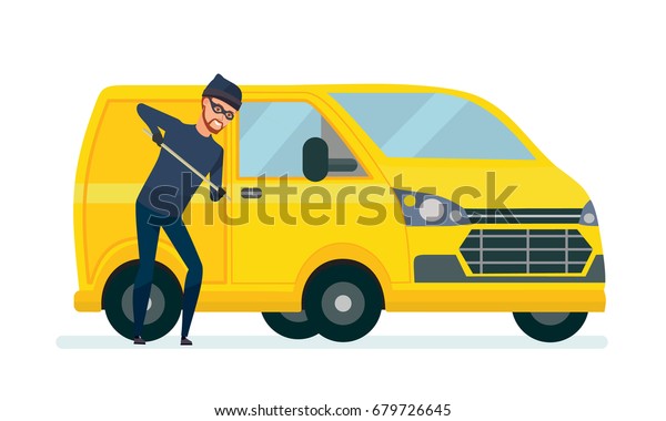Thief produces hacking, theft car with the help of\
improvised means. Violate the law. Vector illustration isolated in\
cartoon style.
