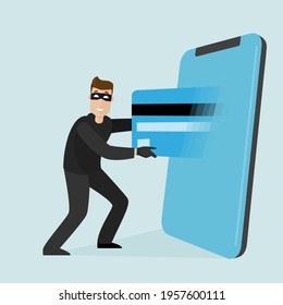 A thief pulls a credit card out of a cell phone. Modern vector illustration in flat style.