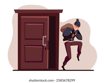 Thief robbed apartment. Male criminal character in mask escaping with loot. Bandit stealing and carries heavy bag with stolen things, running away after robbing cartoon flat vector concept