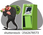 thief robbed an ATM, criminal took money from bank terminal. Stock vector illustration