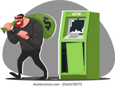 thief robbed an ATM, criminal took money from bank terminal. Stock vector illustration