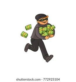 Thief, robber, burglar running away with money, a pile of dollars, sketch style vector illustration isolated on white background. Hand drawn thief, burglar in mask and black suit runs away with money